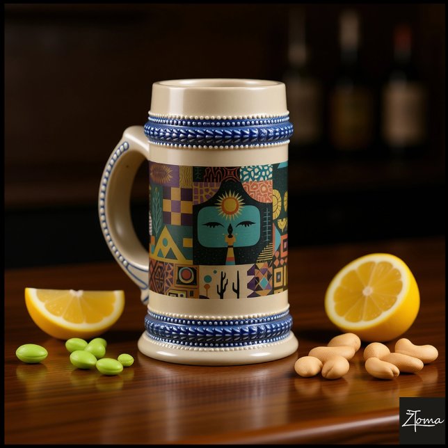 Caneca De Cerveja Muted Earthy Folk Art Patchwork Quilt (Criador carregado)