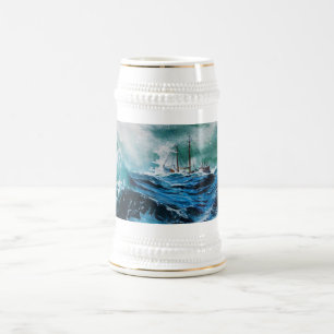 Caneca De Cerveja Navio no mar em tempestade, azul náutico