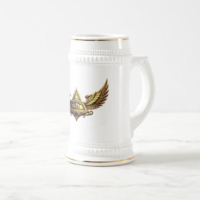 Caneca De Cerveja NeoAnkh | 3D Gold Eye of Horus & Winged Pyramid (Frente Esquerda)