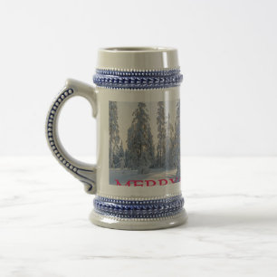 CANECA DE CERVEJA NEVE, ÁRVORES, SOL, PRONTO PARA NATAL