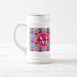 Caneca De Cerveja Nome Personalizado do Cupcake Rosa, Monograma Pers