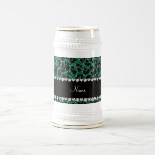 Caneca De Cerveja Nome personalizado mint verde brilho leopardo
