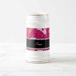 Caneca De Cerveja Nome personalizado, neon hot pink glitter, enferme