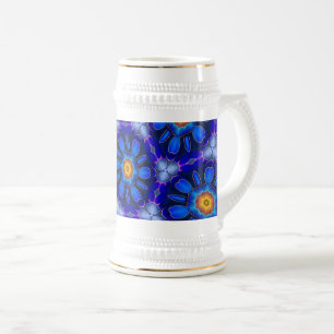 Caneca De Cerveja Padrão de Flores Azuis abstrato