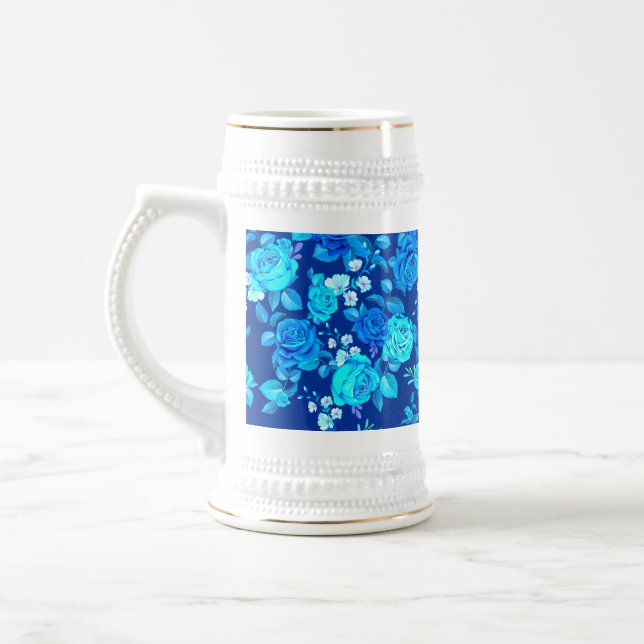 Caneca De Cerveja Padrão de Flores de Rosa Azul Clássico-87600 (Esquerda)