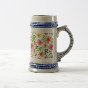 Caneca De Cerveja Padrão de Flores Rosa em Aquarela