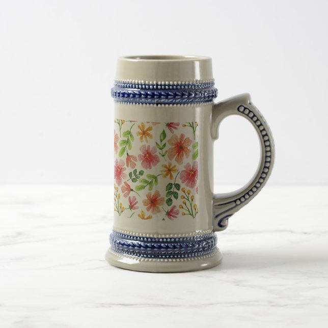 Caneca De Cerveja Padrão de Flores Rosa em Aquarela (Direita)
