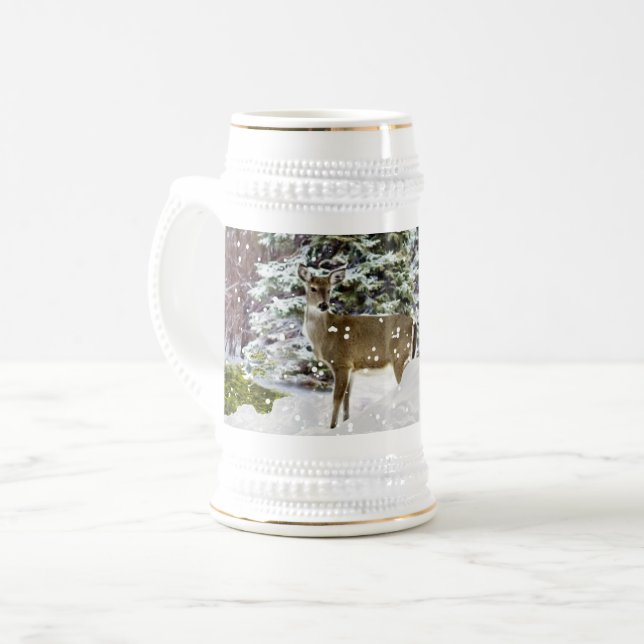 Caneca De Cerveja Paisagem de Inverno com Neve e Veado em Louças par (Frente Esquerda)