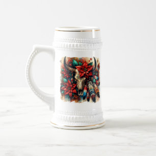Caneca De Cerveja Penas de Poinsettias do Cabelo de Vaca de Natal