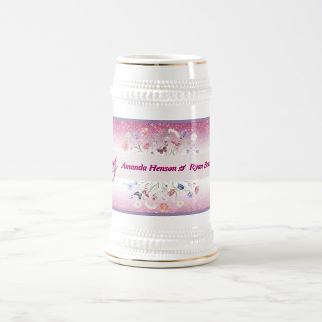 Caneca De Cerveja Pink Watercolor Floral Flower Wedding (Centro)