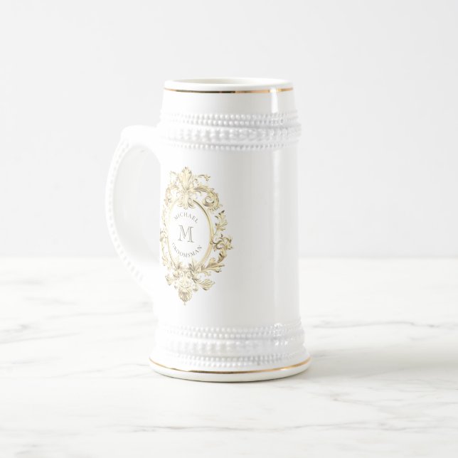 Caneca De Cerveja Presentes para Padrinhos com Monograma Barroco Dou (Frente Esquerda)