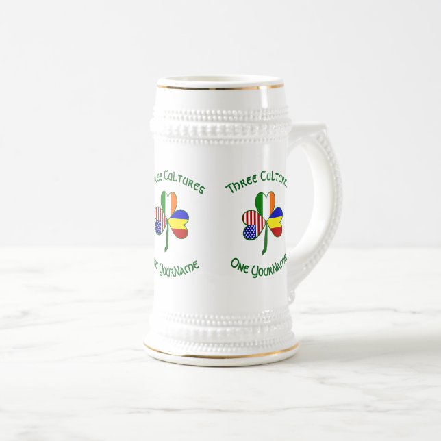 Caneca De Cerveja Romanian Irish USA Flag Shamrock Personalized Text (Frente Esquerda)