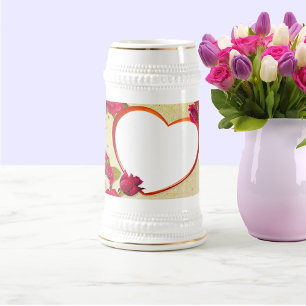 Caneca De Cerveja Rosas e quadro cardíaco adicione sua foto