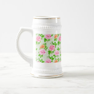 Caneca De Cerveja Rosas Florais Elegantes Padrão de Folhas Verdes-23