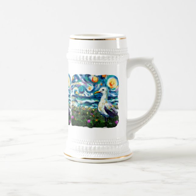 Caneca De Cerveja Seagull Van Gogh Style Beach Sky Blue Teal (Direita)