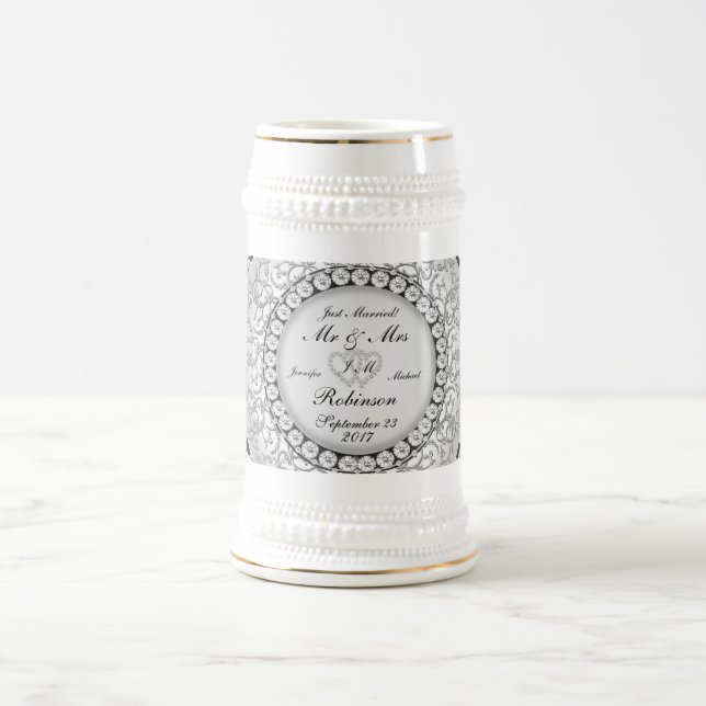 Caneca De Cerveja Teste padrão do casamento do monograma de dois (Centro)