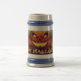 Caneca De Cerveja Velas de Abóbora Brilhante Árvores Torcidas Arte