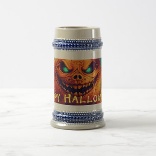 Caneca De Cerveja Velas de Abóbora de Olhos Turquesa na Lua Cheia no