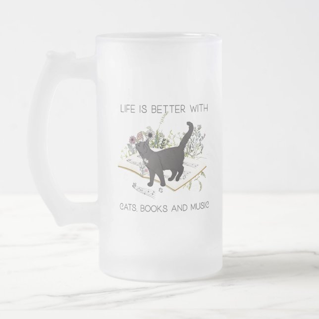 Caneca De Cerveja Vidro Jateado A vida é melhor com livros de gatos e música (Esquerda)
