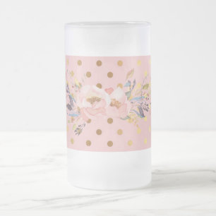 Caneca De Cerveja Vidro Jateado Adorável Flores de Pontos Polka Dourados Falsos
