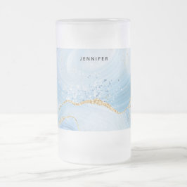 Caneca De Cerveja Vidro Jateado Agato Azul Legal Elegante com Faixa Brilhante Dour