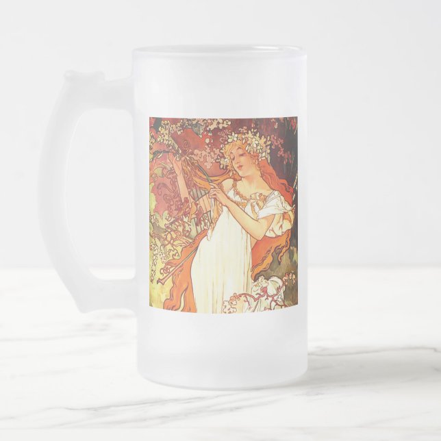 Caneca De Cerveja Vidro Jateado Alphonse Mucha Art Nouveau Primavera (Esquerda)