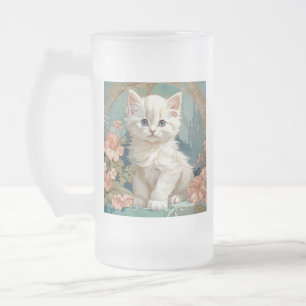 Caneca De Cerveja Vidro Jateado Alphonse Mucha Style White Cat