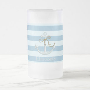Caneca De Cerveja Vidro Jateado Âncora Náutica Adorável em Listras Azuis Claras