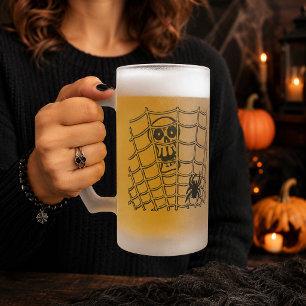 Caneca De Cerveja Vidro Jateado Aranha na Web com Caveira
