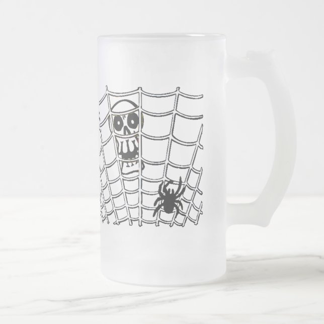Caneca De Cerveja Vidro Jateado Aranha na Web com Caveira (Direita)
