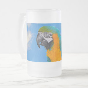Caneca De Cerveja Vidro Jateado Arara-macau azul e amarela