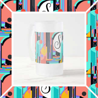 Caneca De Cerveja Vidro Jateado Art Deco Abstrato