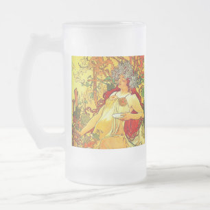 Caneca De Cerveja Vidro Jateado Arte Alphonse Mucha Art Nouveau Outono