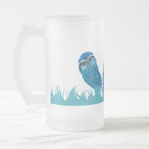 Caneca De Cerveja Vidro Jateado Arte Burrowing azul lunática e adorável da coruj