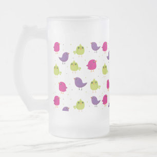 Caneca De Cerveja Vidro Jateado Aves brancas e coloridas