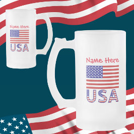 Caneca De Cerveja Vidro Jateado Bandeira EUA Estados Unidos da América Vermelha Pe