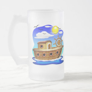 Caneca De Cerveja Vidro Jateado Barco de Pesca Cartoon