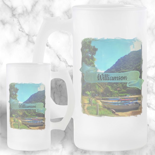 Caneca De Cerveja Vidro Jateado Barcos Mismaloya no rio 0350 (Criador carregado)