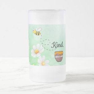 Caneca De Cerveja Vidro Jateado Bee Kind Texto floral verde de cartoon de insetos