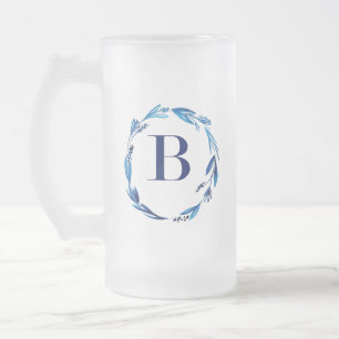 Caneca De Cerveja Vidro Jateado Blue Floral Wreath 'B'