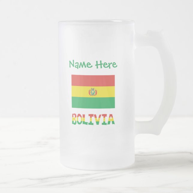 Caneca De Cerveja Vidro Jateado Bolívia Bandeira Bolívia Texto Verde Personalizado (Direita)