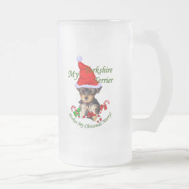 Caneca De Cerveja Vidro Jateado Bolsas de Natal de Yorkshire Terrier (Direita)