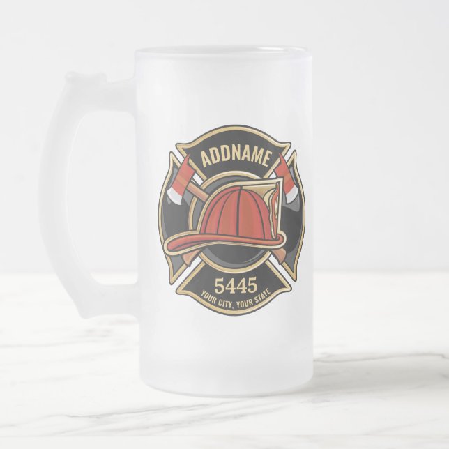 Caneca De Cerveja Vidro Jateado Bombeiro ADD NAME Crachá de Bombeiros (Esquerda)