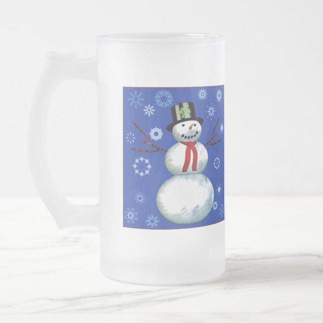 Caneca De Cerveja Vidro Jateado bonitão de neve em azul com flocos de neve (Esquerda)