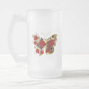 Caneca De Cerveja Vidro Jateado Borboleta de flor vermelha com rosas vermelhas