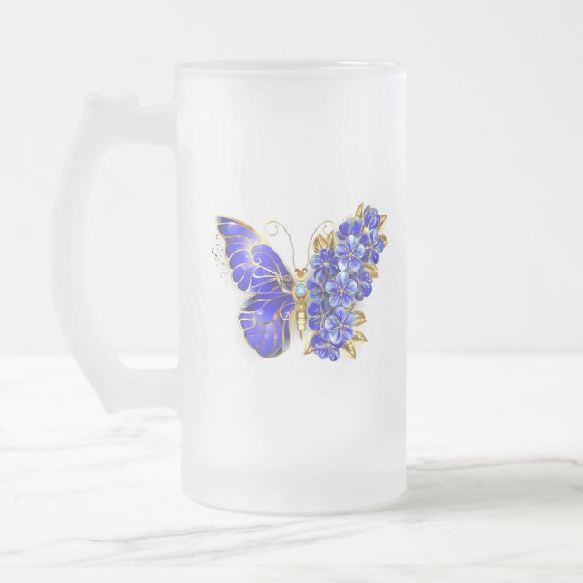 Caneca De Cerveja Vidro Jateado Borboleta Flor Sapphire (Esquerda)