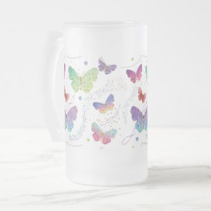Caneca De Cerveja Vidro Jateado Borboletas Roxas e Azuis Brilhantes
