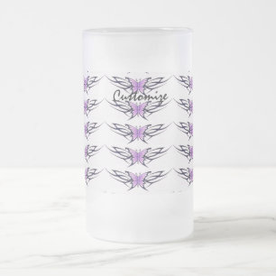 Caneca De Cerveja Vidro Jateado borboletas roxas tribais