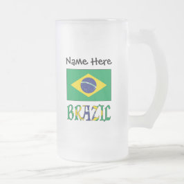 Caneca De Cerveja Vidro Jateado Brasil e bandeira brasileira com seu nome