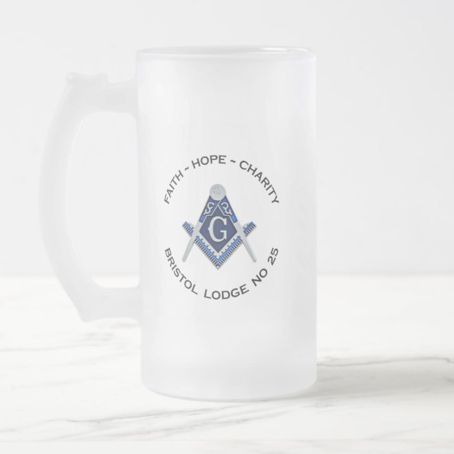 Caneca De Cerveja Vidro Jateado Bristol nº 25 Fosco Masonic Mug (Esquerda)